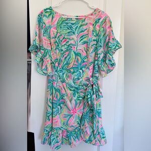 Lilly Pulitzer Pink & Green Tropical Print Ruffle Dress